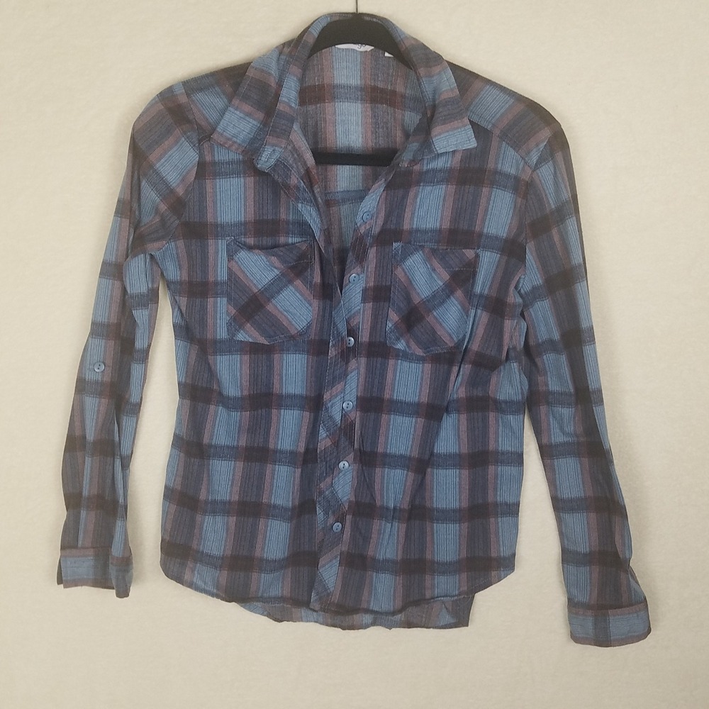 Great Northwest Indigo Plaid Shirt Womens Small Blue Excellent Roll Tab Sleeve